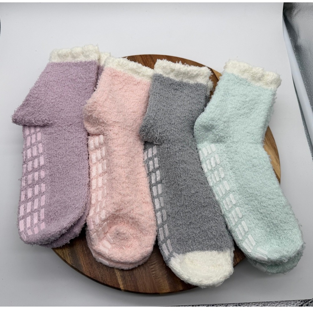 4 Pair Fuzzy Slipper Socks Non Slip Gripper Bottoms 2690